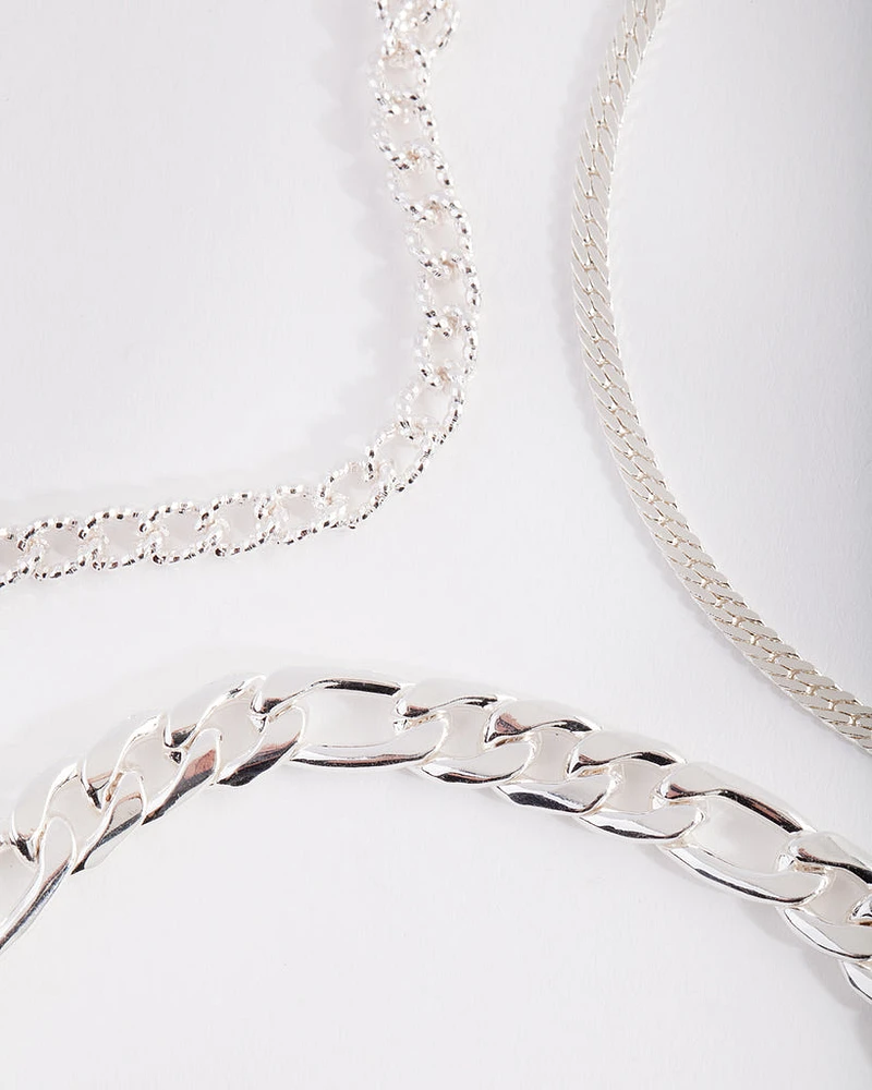 Silver Plated Statement Mixed Chain Anklet Trio