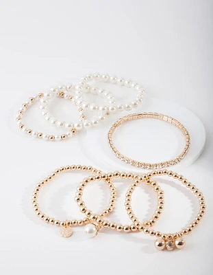 Gold Pearl & Diamante Stretch Bracelet 7-Pack