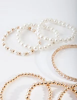 Gold Pearl & Diamante Stretch Bracelet 7-Pack