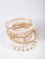 Gold Pearl & Diamante Stretch Bracelet 7-Pack