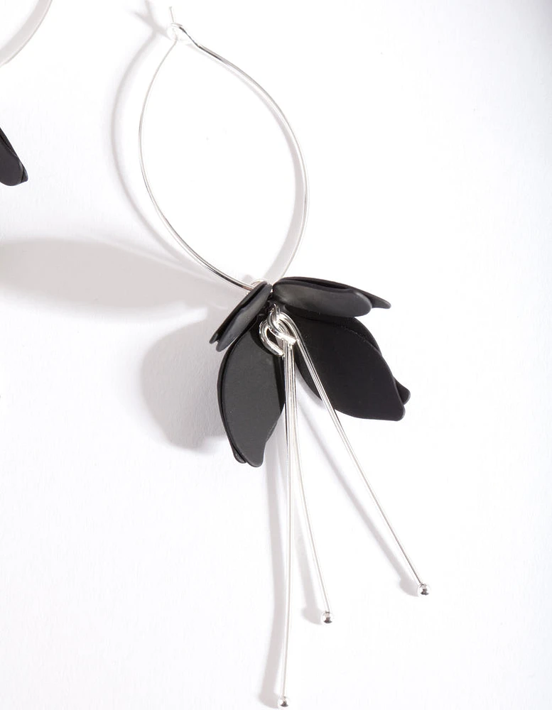 Silver Black Flower Drop Earrings