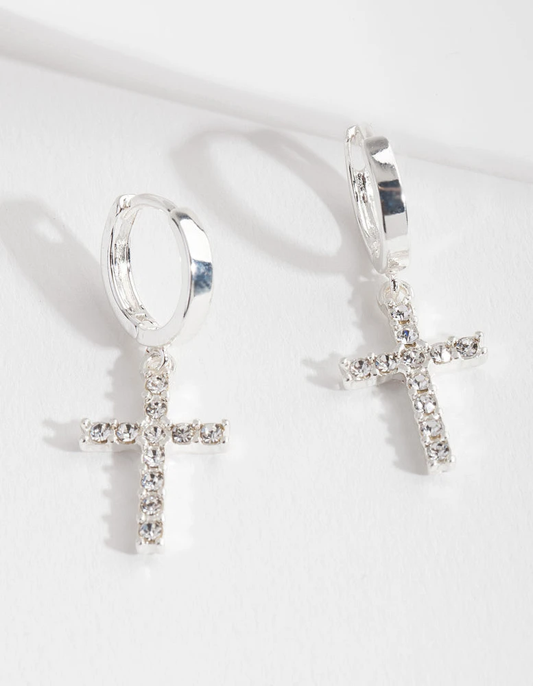 Silver Diamante Cross Huggie Earrings