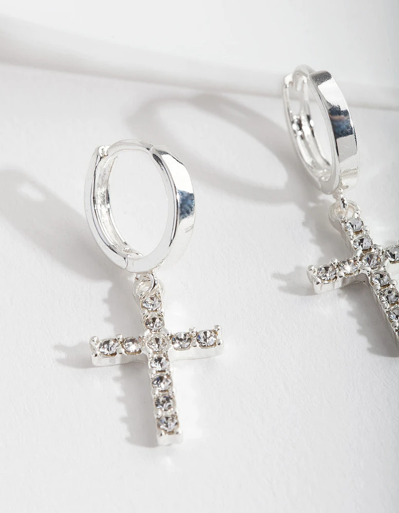 Silver Diamante Cross Huggie Earrings