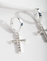 Silver Diamante Cross Huggie Earrings