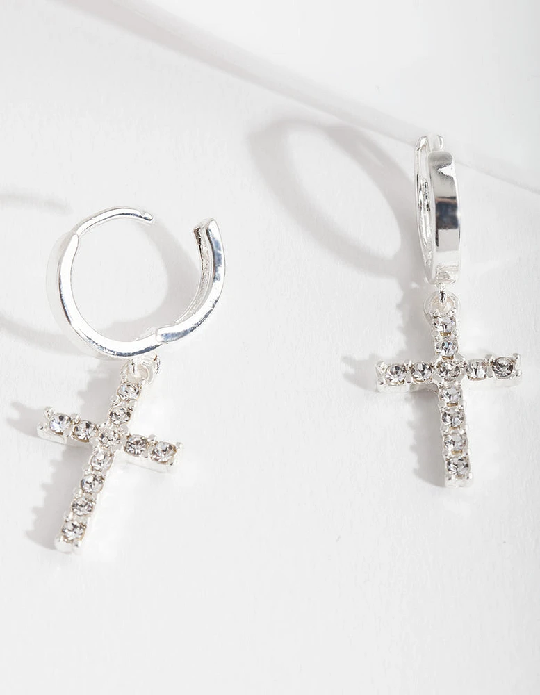 Silver Diamante Cross Huggie Earrings