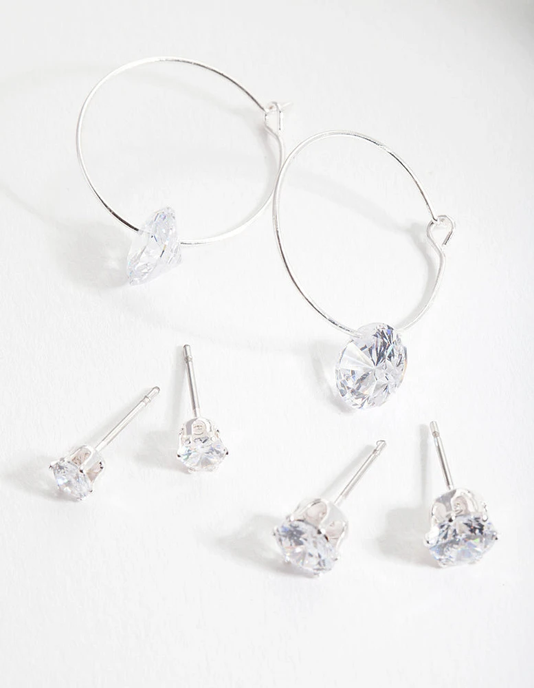 Silver Cubic Zirconia Stud & Hoop Diamante Earring Pack