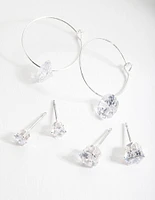 Silver Cubic Zirconia Stud & Hoop Diamante Earring Pack