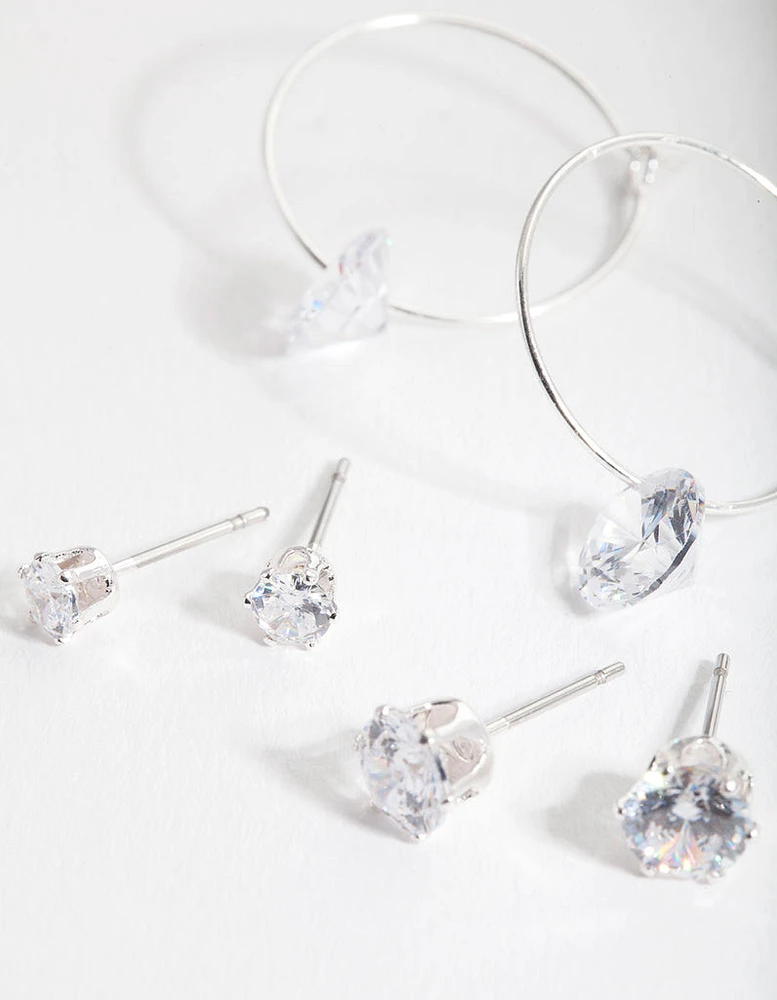 Silver Cubic Zirconia Stud & Hoop Diamante Earring Pack