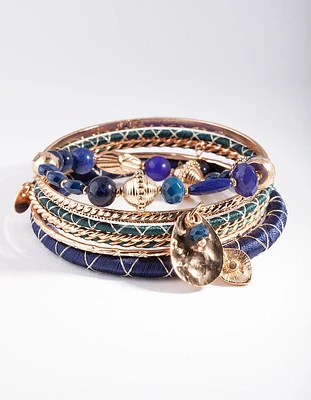 Gold Blue Thread-Wrap Bangle 7-Pack