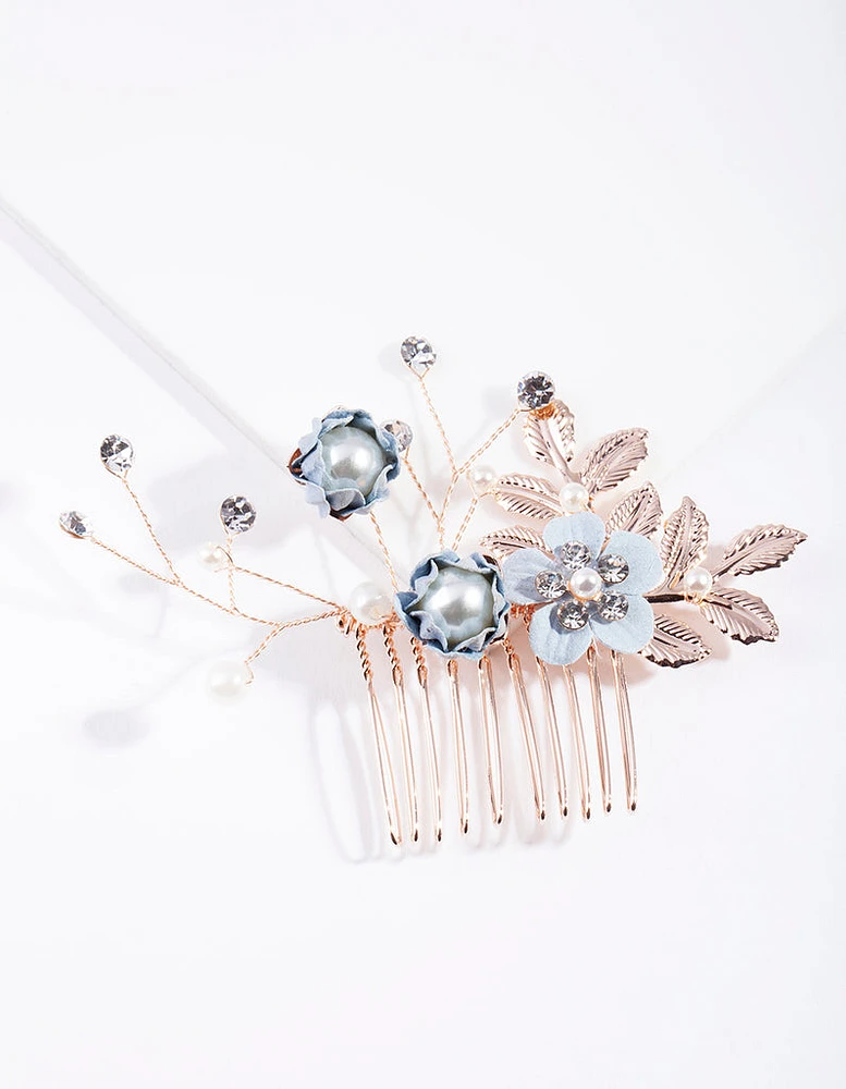 Blue Rose Gold Fabric Flower Comb