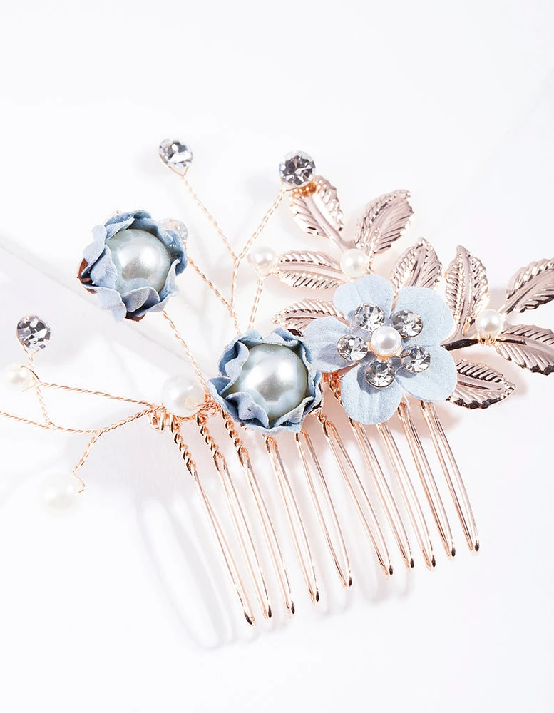 Blue Rose Gold Fabric Flower Comb