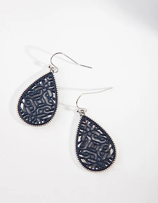 Gunmetal Blue Pattern Teardrop Earrings