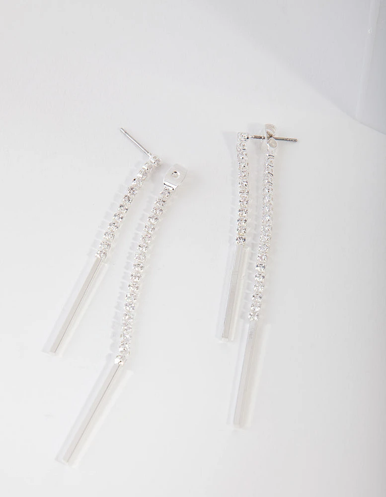 Silver Cubic Zirconia Cupchain & Bar Drop Earrings