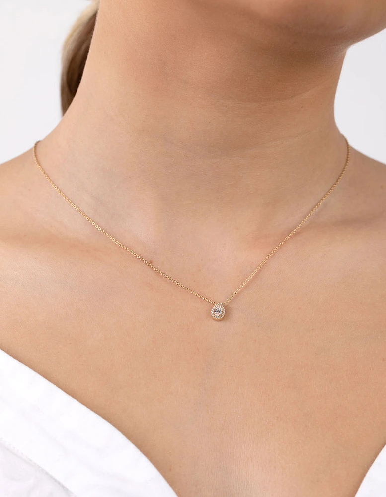 Gold Plated Sterling Silver Cubic Zirconia Pear Halo Necklace