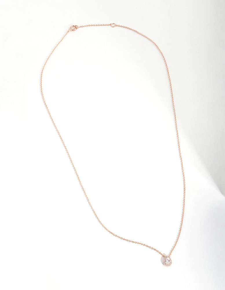 Rose Gold Plated Sterling Silver Cubic Zirconia Pear Halo Necklace