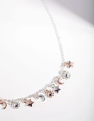 Mixed Metal Star Moon Sun Necklace