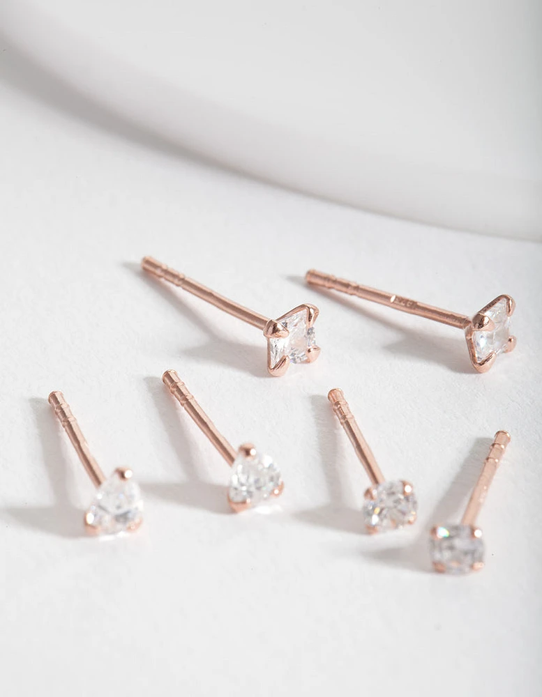 Rose Gold Plated Sterling Silver Cubic Zirconia Stud Earring Pack