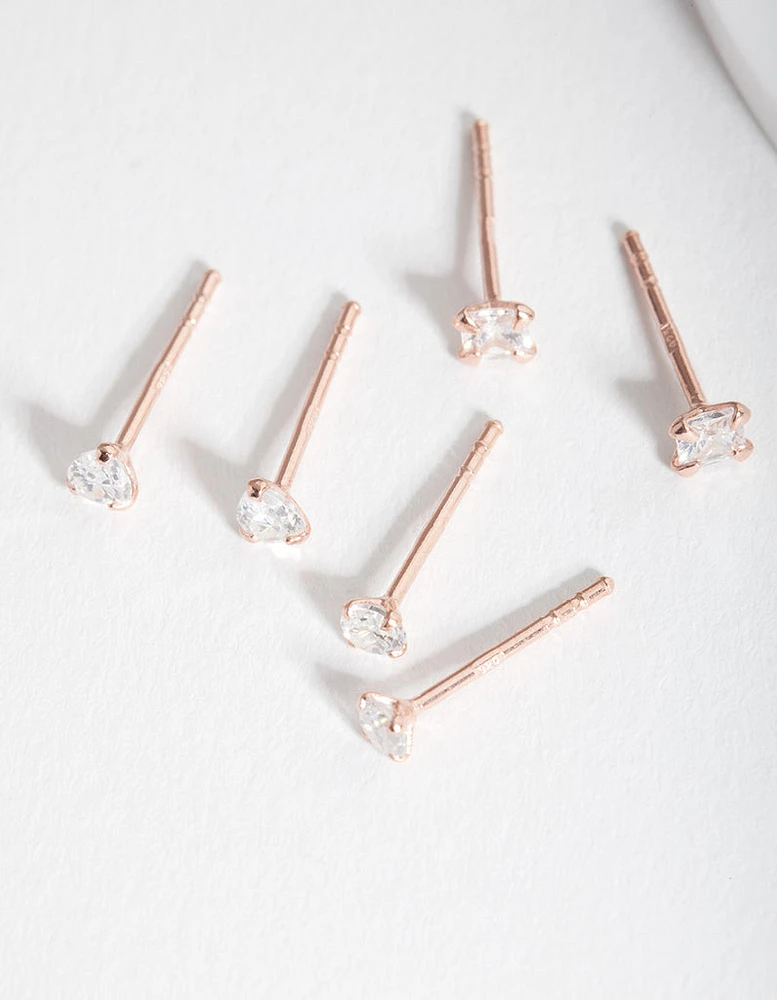 Rose Gold Plated Sterling Silver Cubic Zirconia Stud Earring Pack