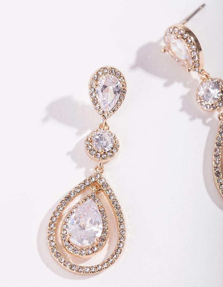 Gold Diamond Simulant Multi Drop Earrings