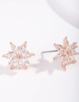 Gold Diamond Simulant Flower Stud Earrings