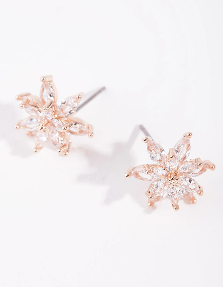 Gold Diamond Simulant Flower Stud Earrings