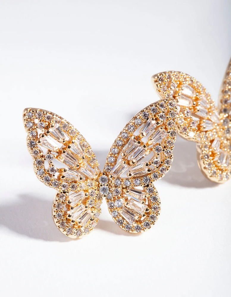 Gold Diamond Simulant Butterfly Stud Earrings