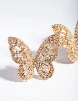 Gold Diamond Simulant Butterfly Stud Earrings