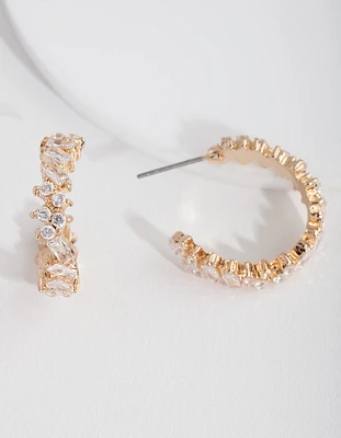 Gold Textured Cubic Zirconia Hoop Earrings