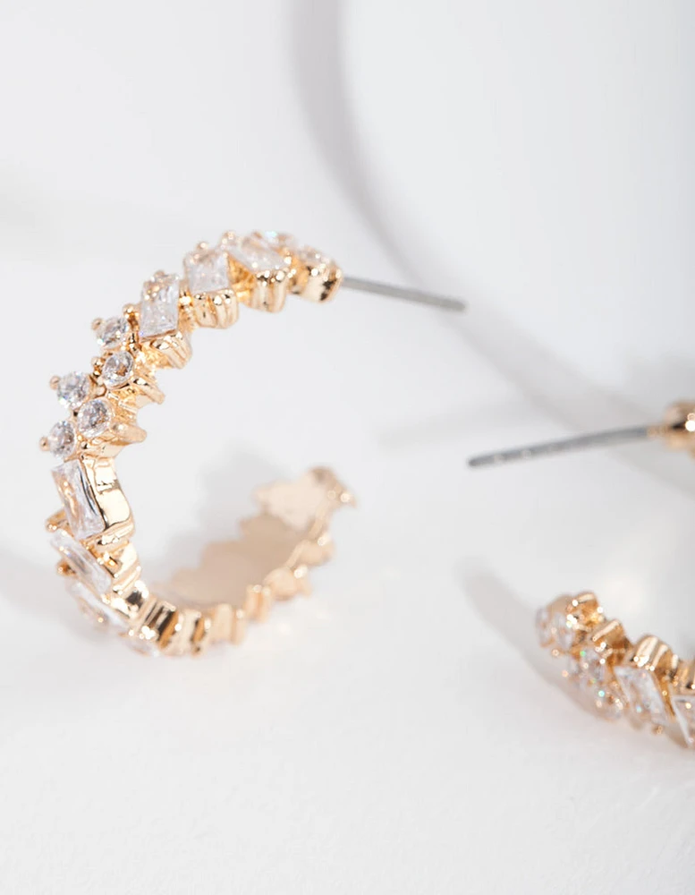 Gold Textured Cubic Zirconia Hoop Earrings