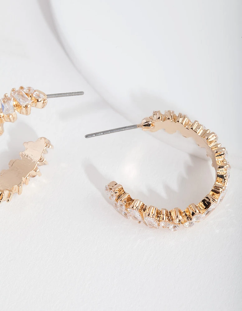 Gold Textured Cubic Zirconia Hoop Earrings