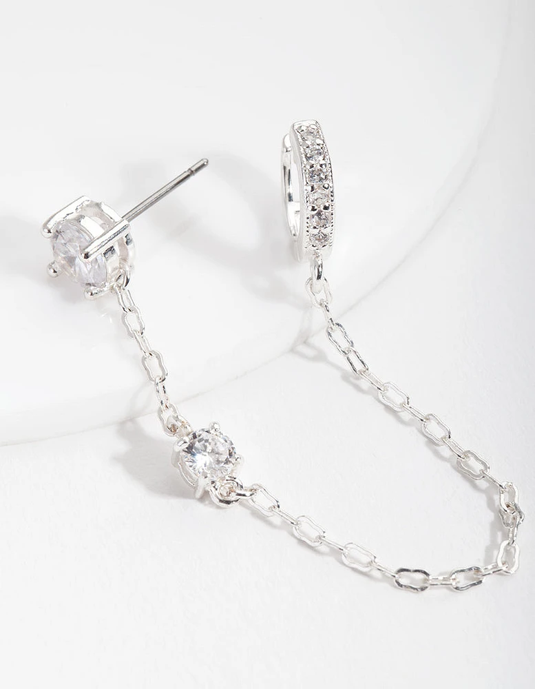 Silver Stud & Chain Diamante Huggie Earrings