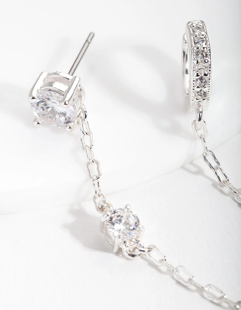 Silver Stud & Chain Diamante Huggie Earrings