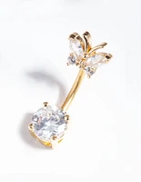 Gold Titanium Cubic Zirconia Butterfly Belly Bar