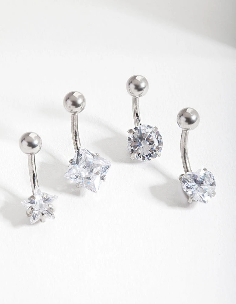 Rhodium Cubic Zirconia Belly Bar 4-Pack