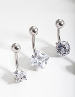 Rhodium Cubic Zirconia Belly Bar 4-Pack