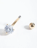 Gold Surgical Steel Round Cubic Zirconia Belly Bar