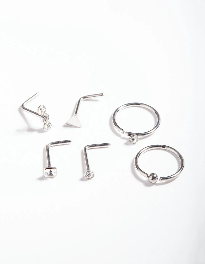 Rhodium Surgical Steel Geometric Diamante Nose Ring 6-Pack