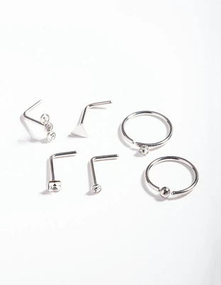 Rhodium Surgical Steel Geometric Diamante Nose Ring 6-Pack