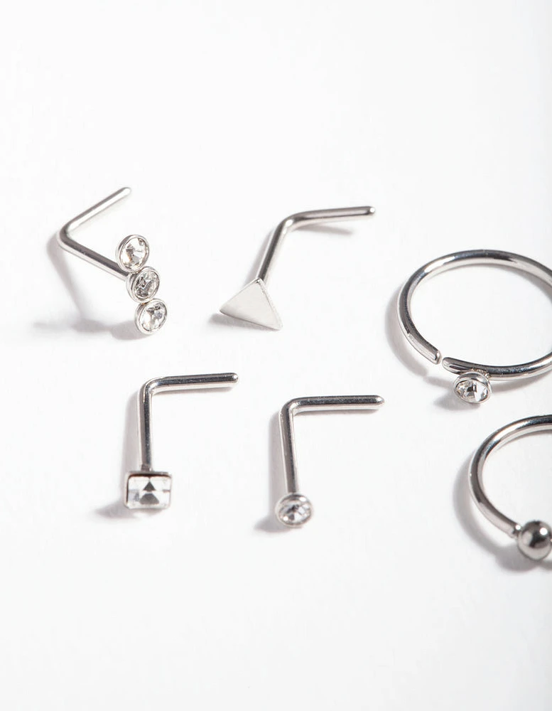 Rhodium Surgical Steel Geometric Diamante Nose Ring 6-Pack