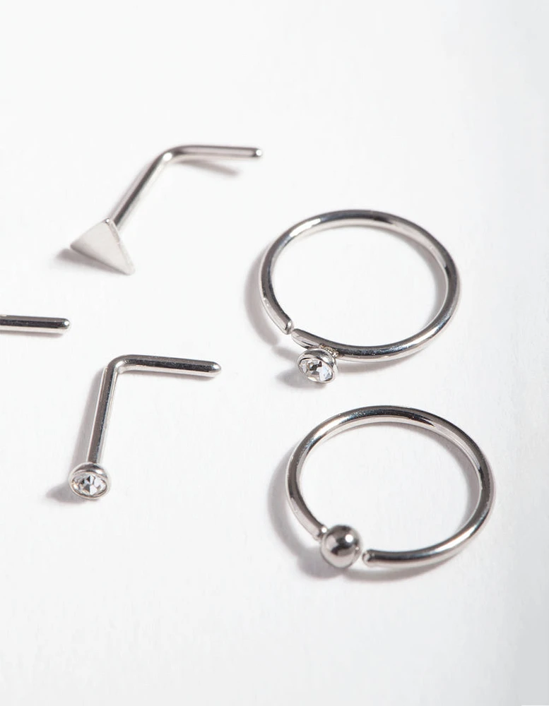 Rhodium Surgical Steel Geometric Diamante Nose Ring 6-Pack