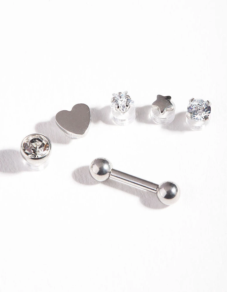 Rhodium Surgical Steel Cubic Zirconia Heart Barbell 6-Pack