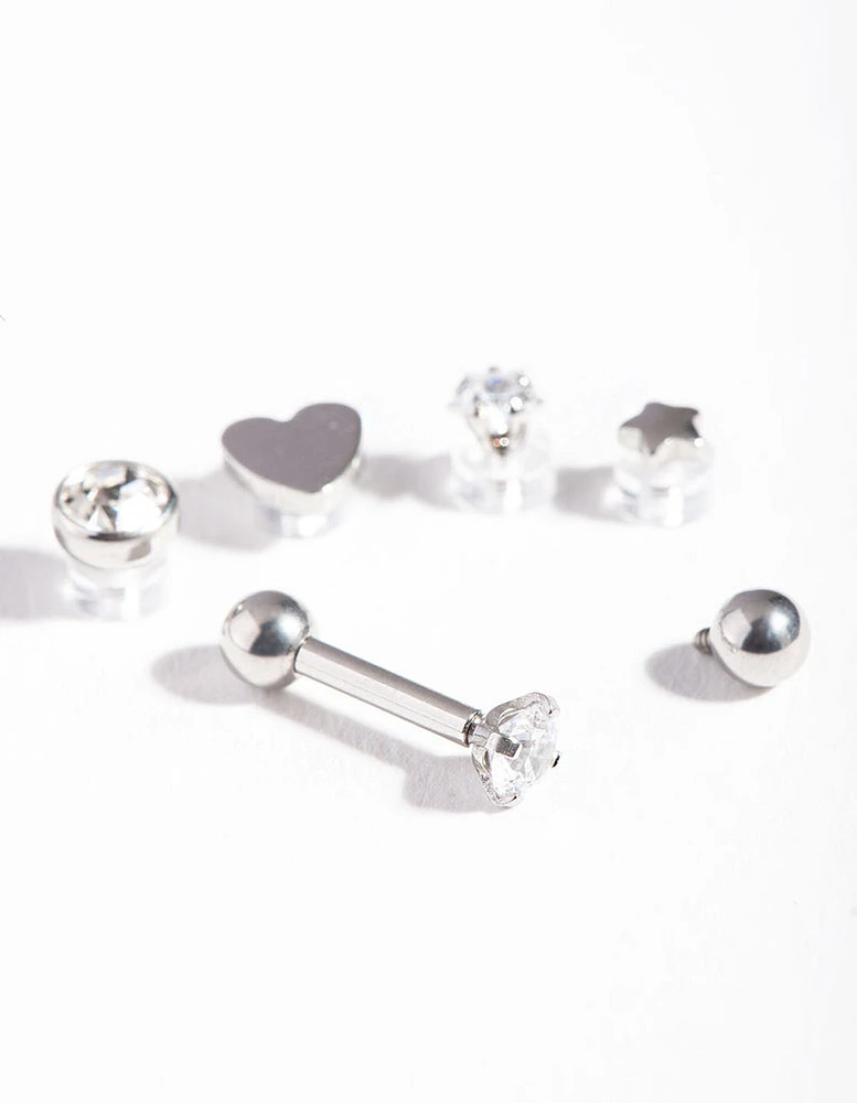 Rhodium Surgical Steel Cubic Zirconia Heart Barbell 6-Pack