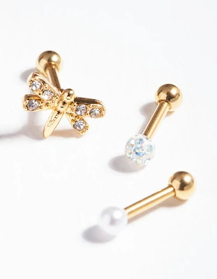 Gold Plated Surgical Steel Diamante Dragonfly Barbell Pack