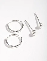 Sterling Silver Mini Textured Hoop Stud Earring Pack