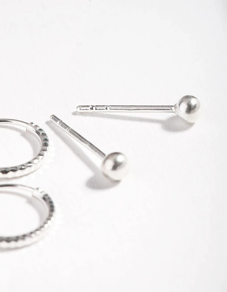 Sterling Silver Mini Textured Hoop Stud Earring Pack