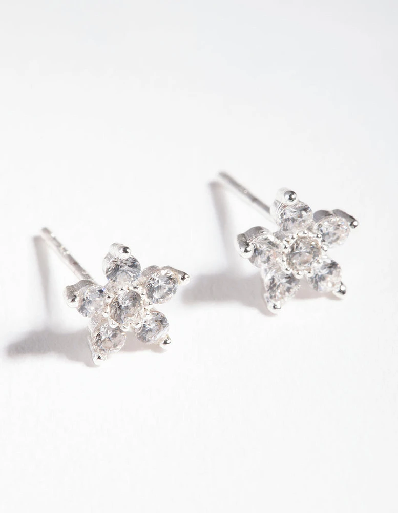 Sterling Silver Cubic Zirconia Flower Stud Earrings