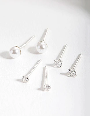 Sterling Silver Cubic Zirconia Pearl Stud Earring Pack