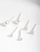 Sterling Silver Cubic Zirconia Pearl Stud Earring Pack