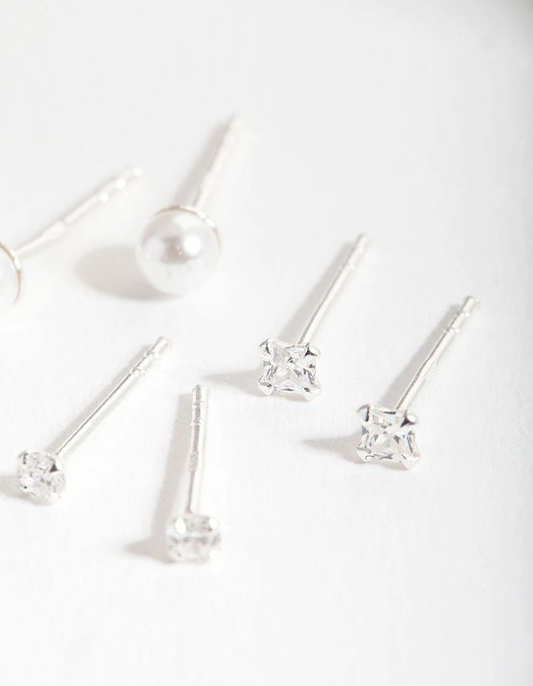 Sterling Silver Cubic Zirconia Pearl Stud Earring Pack