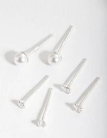 Sterling Silver Cubic Zirconia Pearl Stud Earring Pack